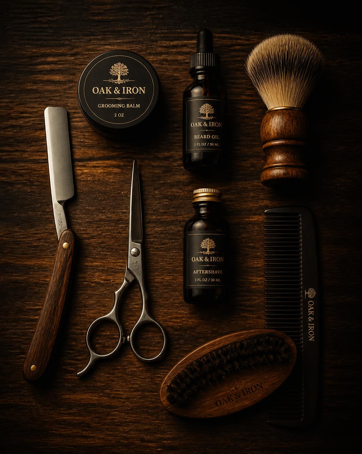 Barberarverktyg och produkter på mörkt träbord