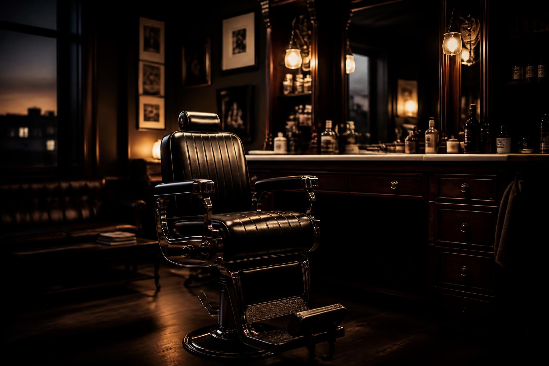 Interiör hos Kim's Hårstudio med barberarstol i varmt ljus